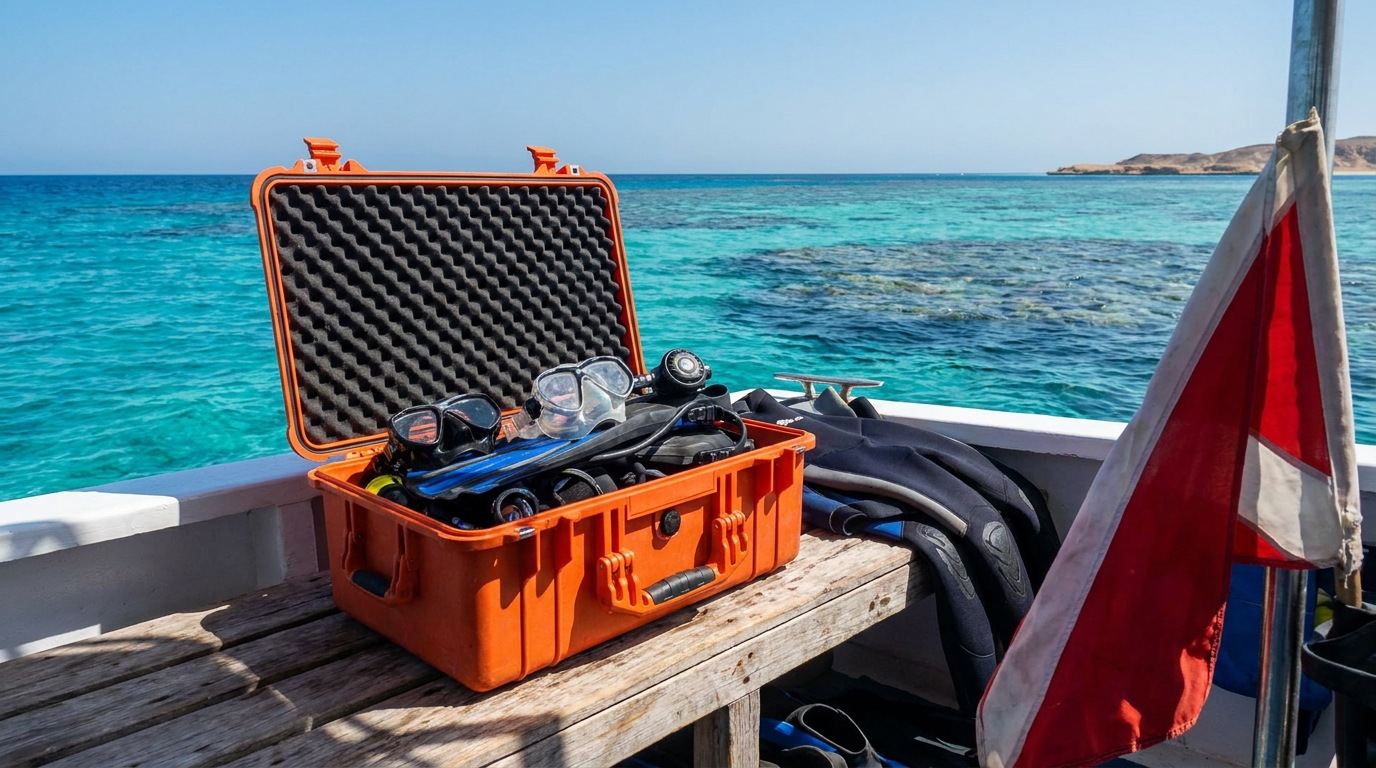 Diving equipment in high-visibility case for Great Barrier Reef dive school