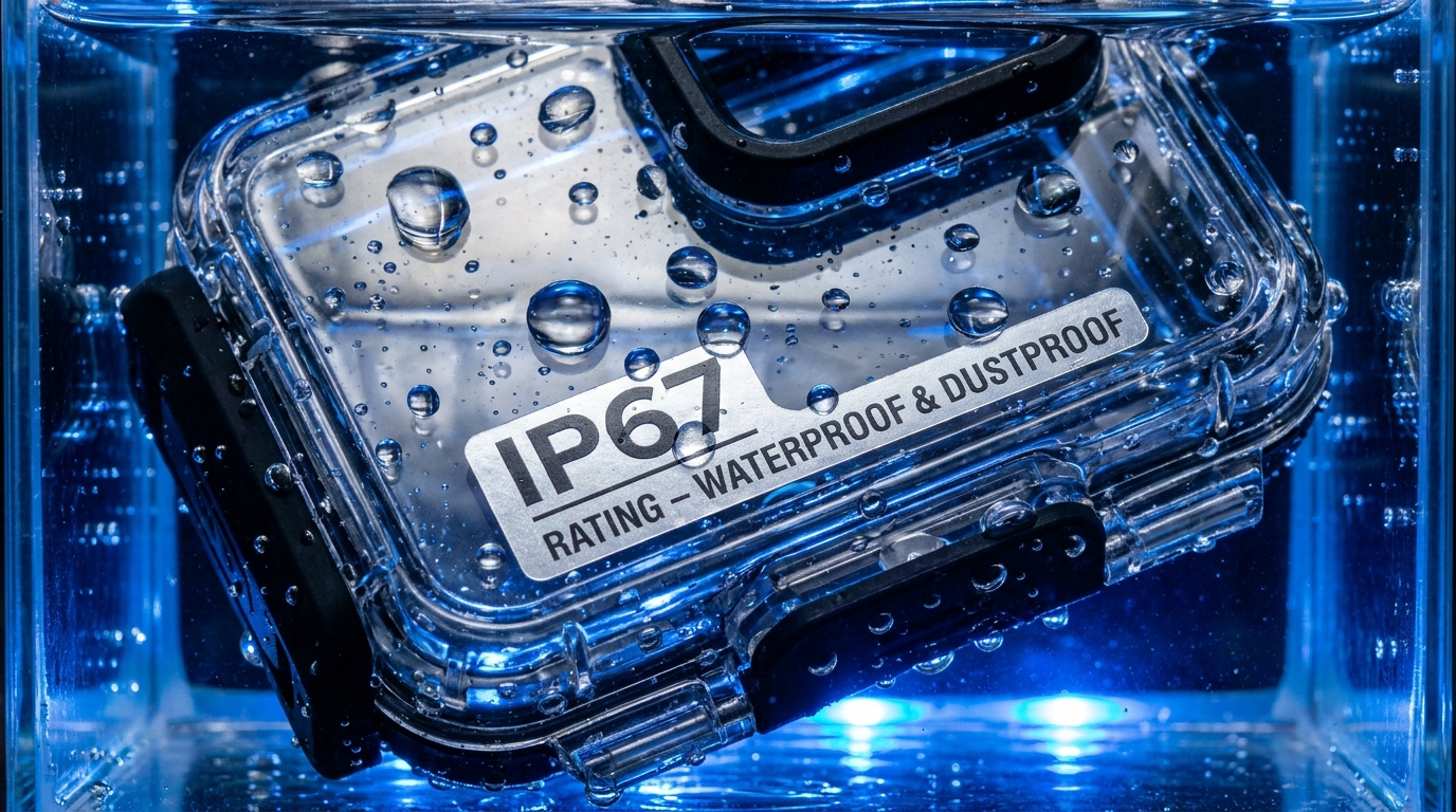 IP67 waterproof case submerged in water tank, IP rating demonstration