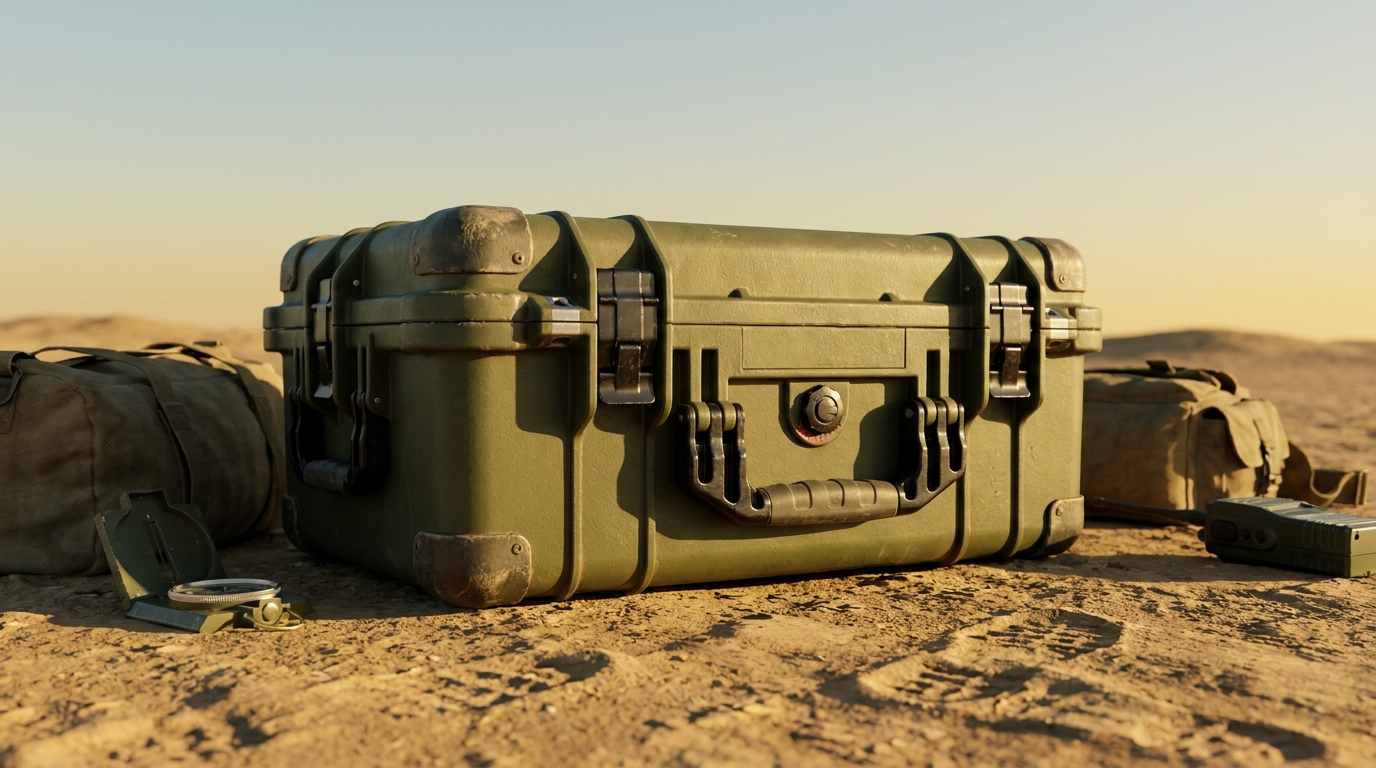 Olive drab military hard case in tactical field setting