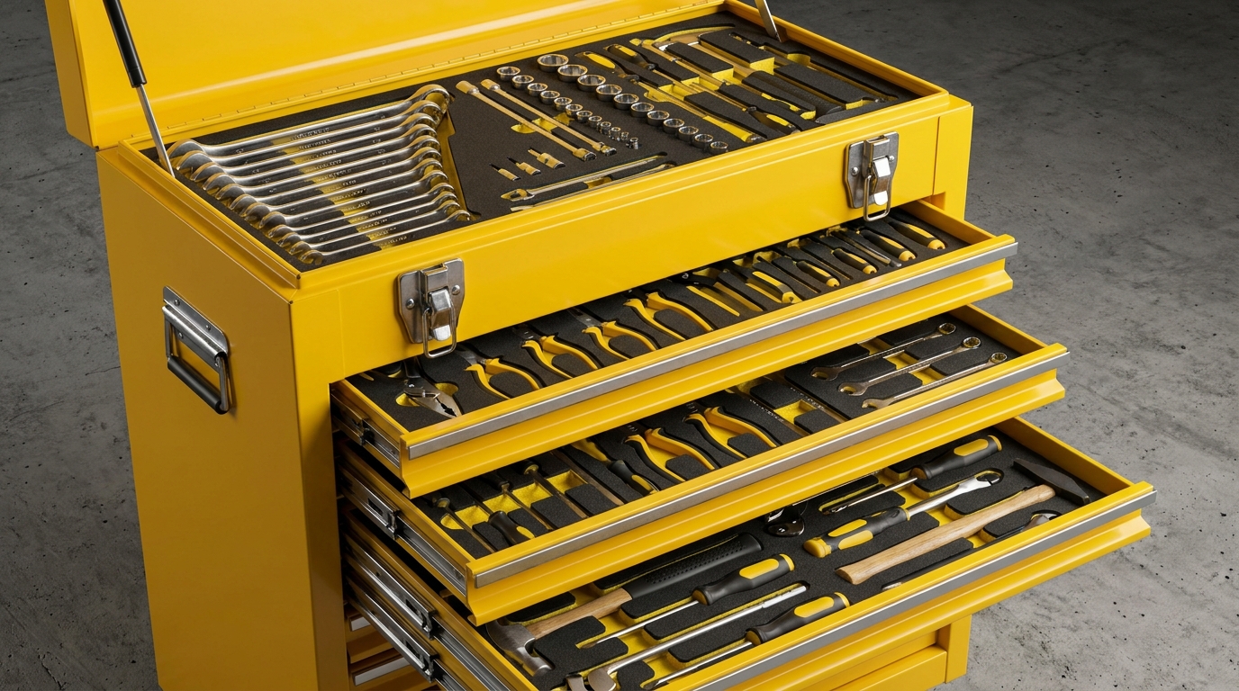 KeXinMaterials professional yellow tool box with multiple drawers and steel latches